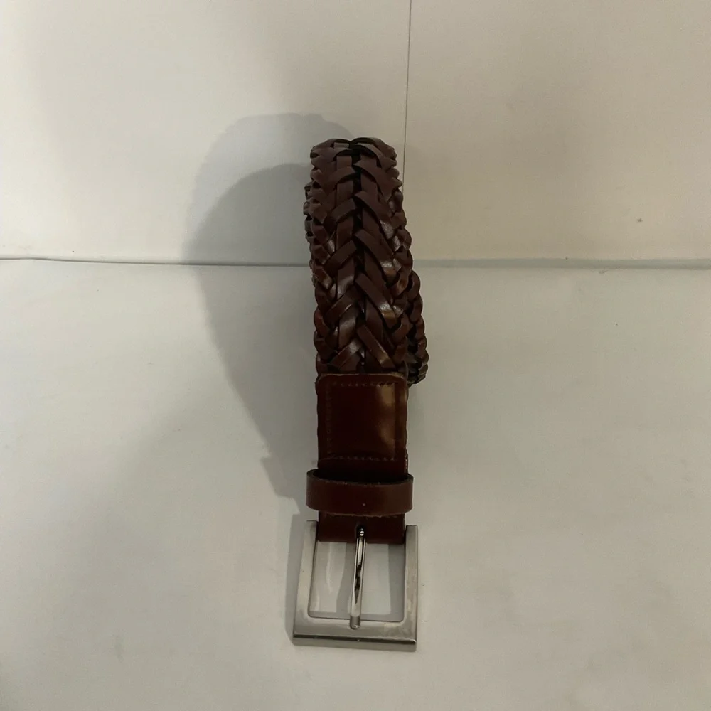 Men's Brown Genuine Leather Woven Belt Silver Buckle; Made in Guatemala; 46’L